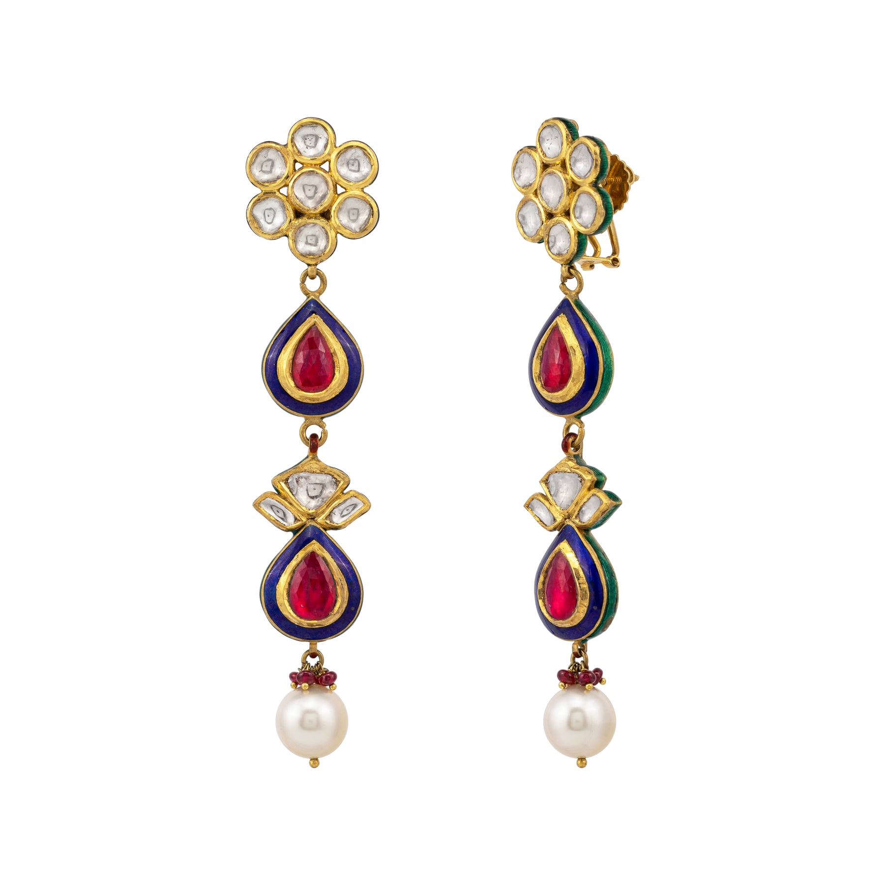 Floral Red Polki Earrings with Blue Enamel and Pearl Drop